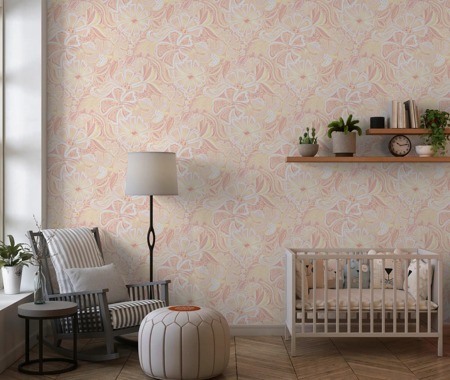 Kids room Peachy Floral Wallpaper with whimsical blooms and a light pastel repeat