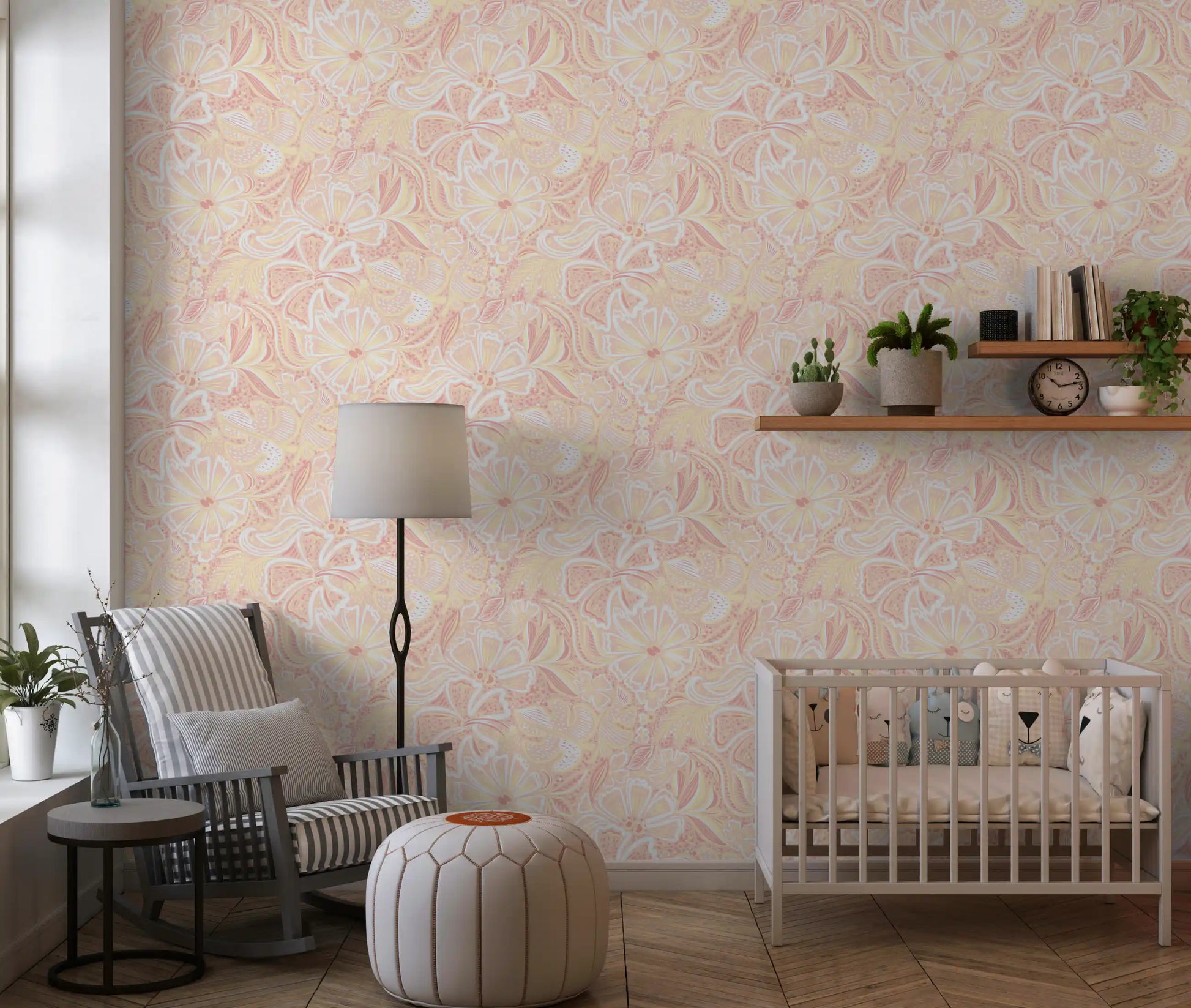 Kids room Peachy Floral Wallpaper with whimsical blooms and a light pastel repeat