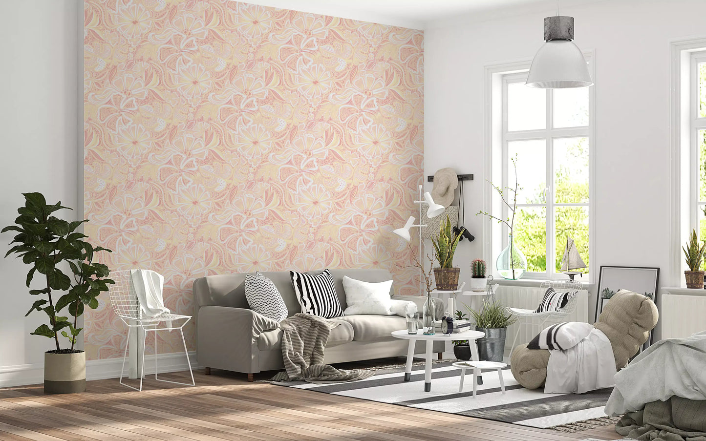 Floral whimsy wallpaper showing peach petals, lilac accents, and light linework