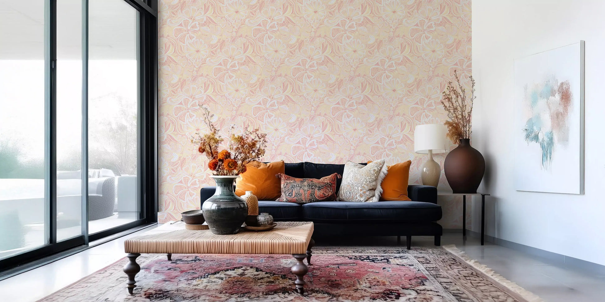 Hallway Whimsy Wallpaper featuring peach petals and airy botanical outlines