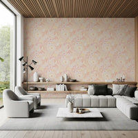 Living room Floral Whimsy Wallpaper showing peach flowers and soft leafy detail