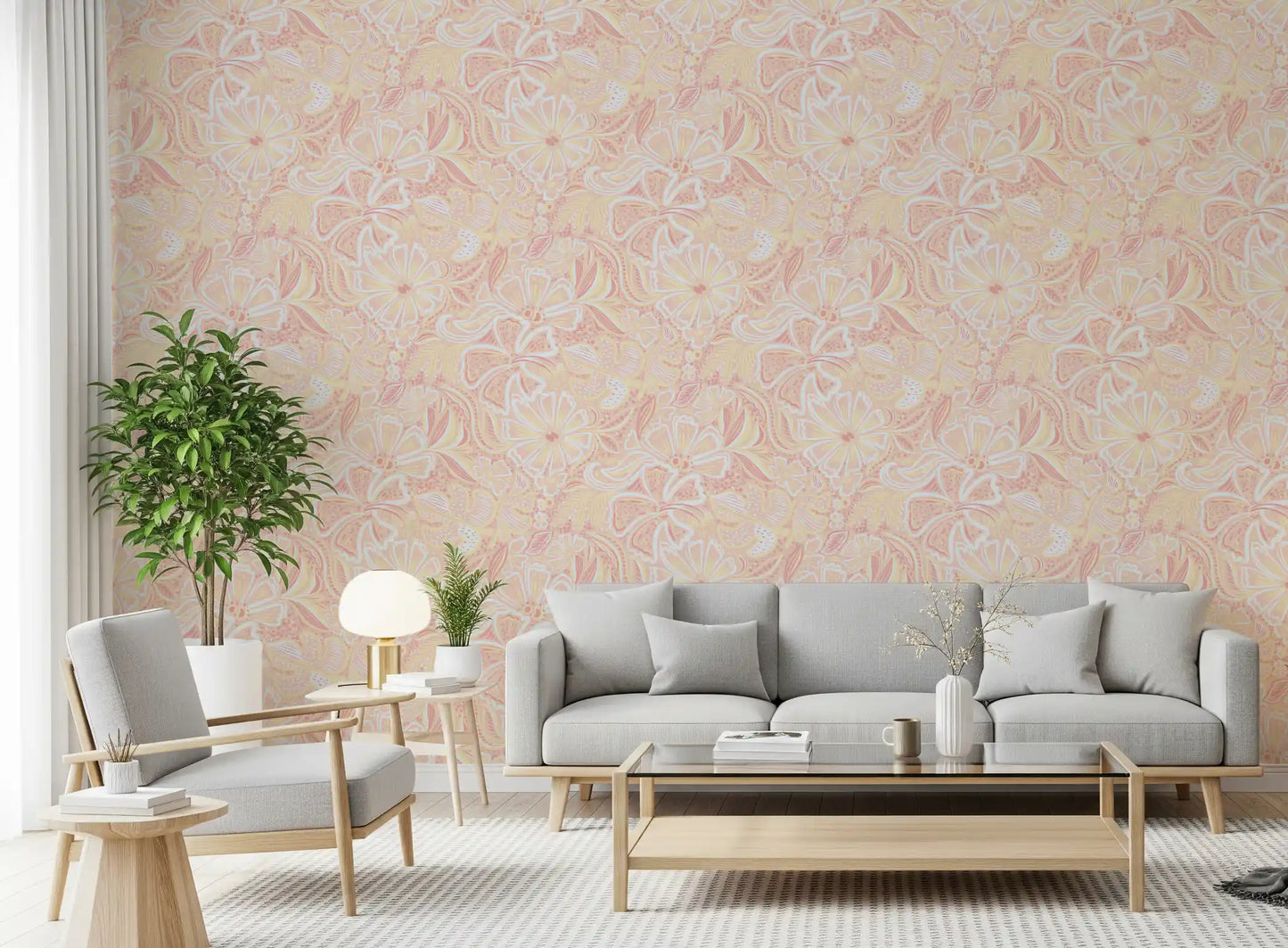 Peach wallpaper design with floral whimsy shapes and a calm airy repeat