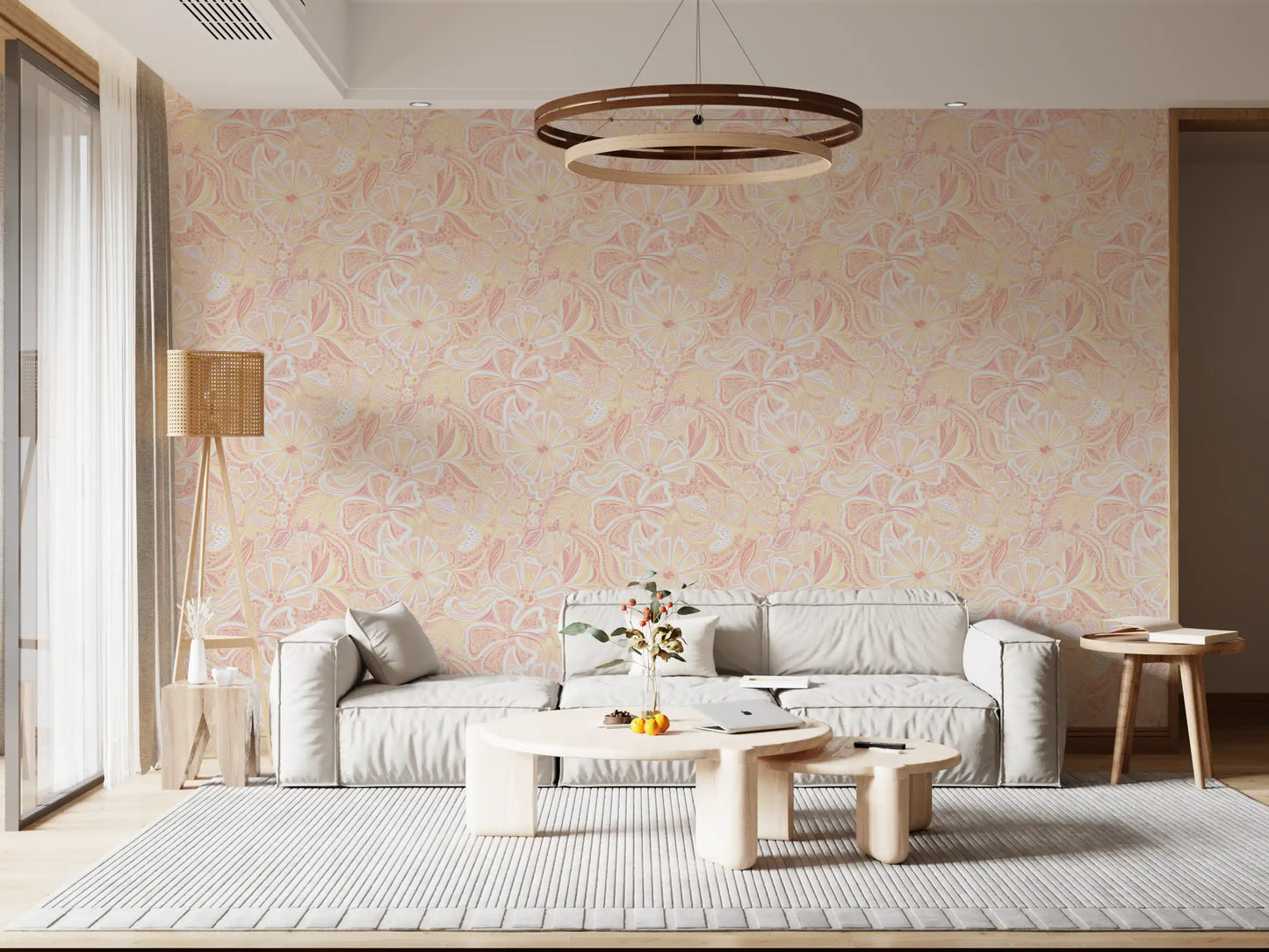 Living room Peachy Floral Whimsy Wallpaper with soft pastel floral movement
