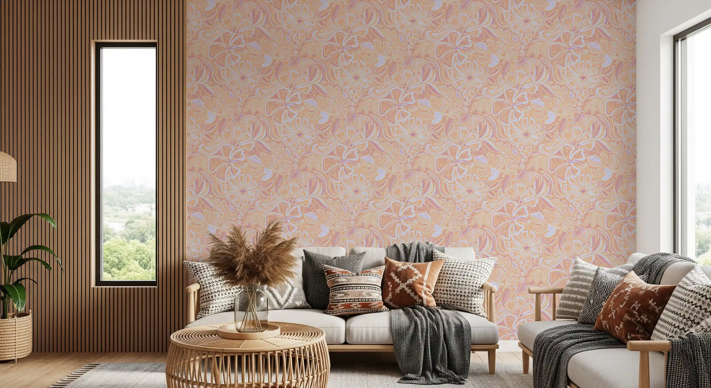 Living room Floral Swirl Wallpaper with peach blooms and gentle curved pattern