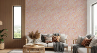 Living room Floral Swirl Wallpaper with peach blooms and gentle curved pattern