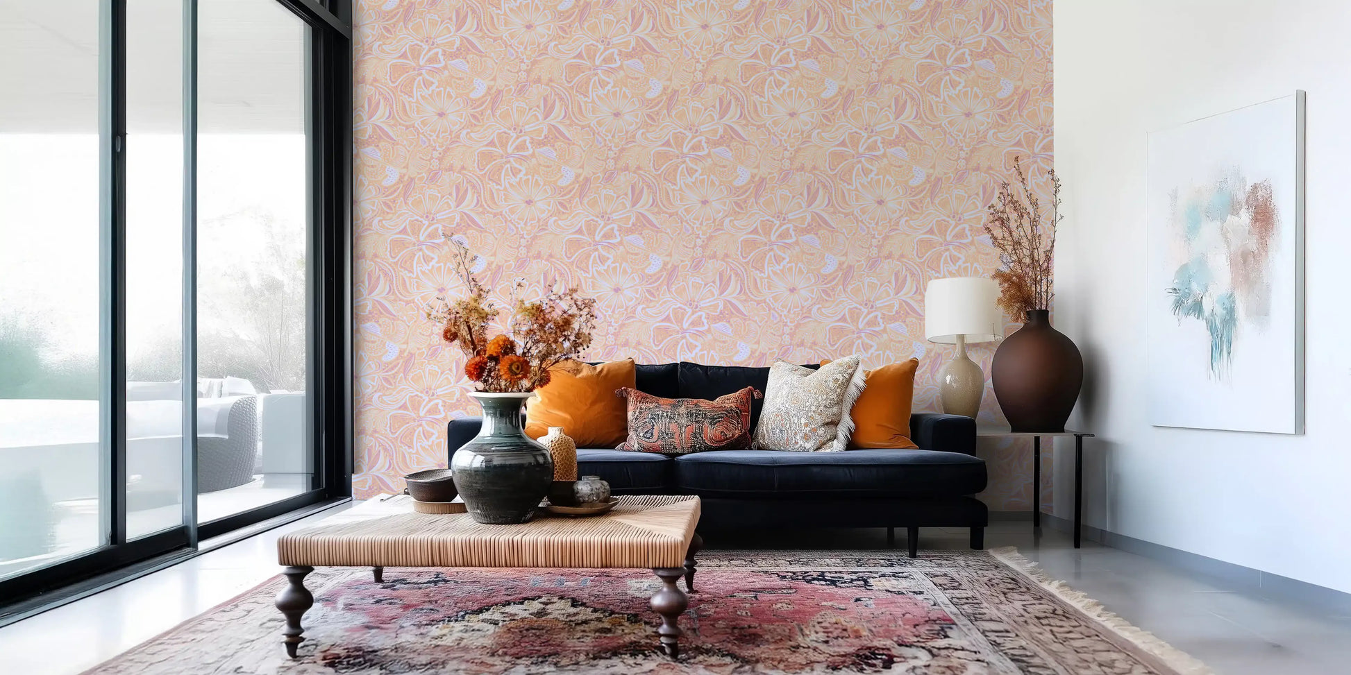 Soft floral wallpaper with peach swirls, pale petals, and airy pattern rhythm