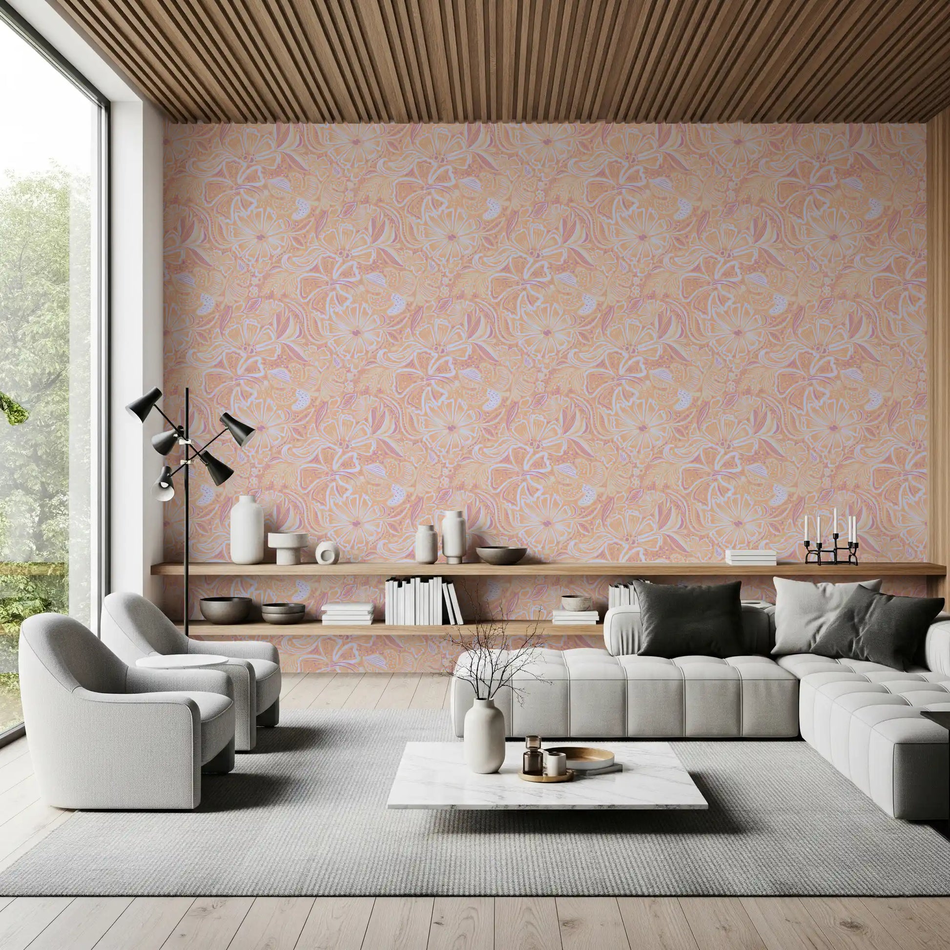 Home Soft Peach Floral Wallpaper with airy swirls and pastel petals