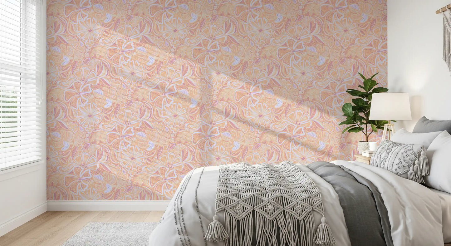 Pastel peach wallpaper showing curved floral forms and light botanical flow