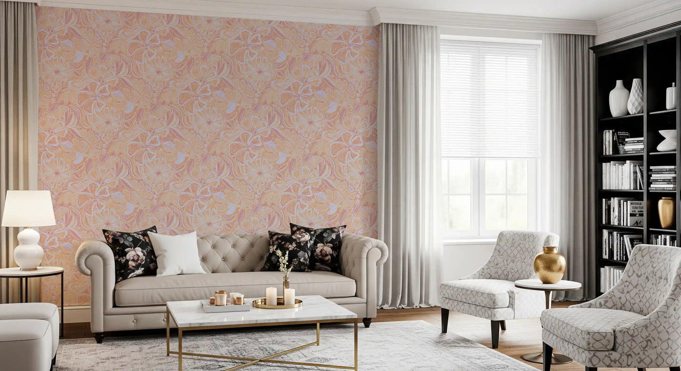 Living area peach floral wallpaper with swirl lines and light pastel flower detail