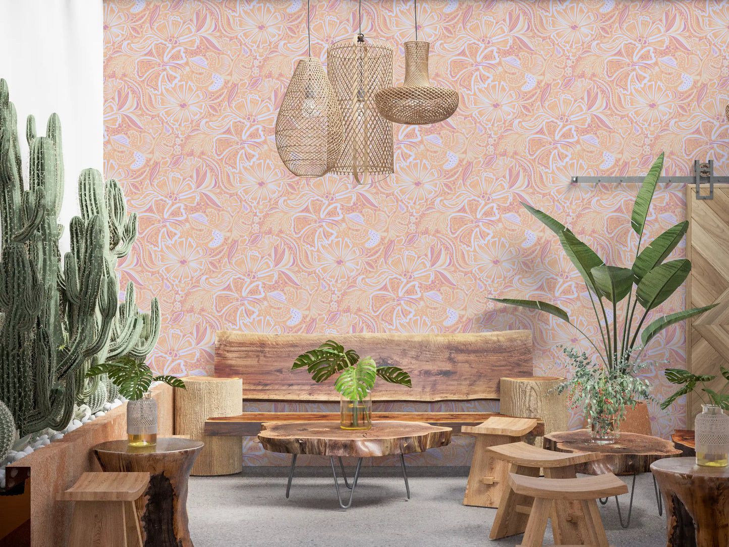 Floral swirl wallpaper with soft peach tones and gentle all-over bloom pattern