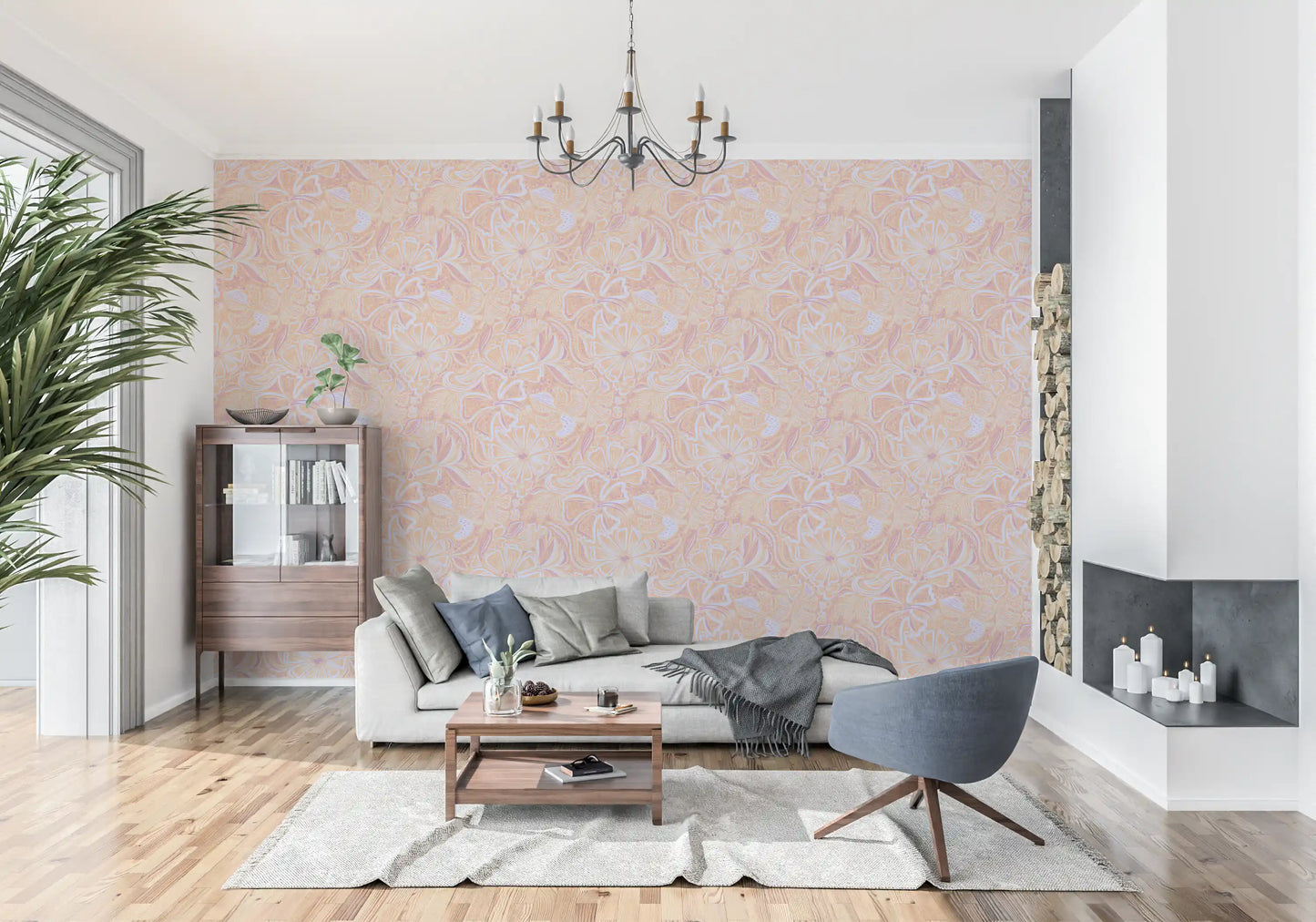 Peach swirl wallpaper featuring floral outlines and delicate pastel movement