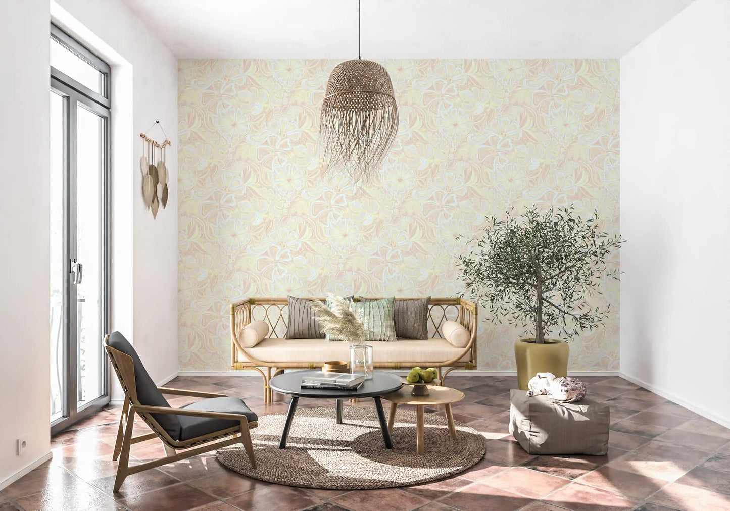 Pastel Bloom Swirl Wallpaper featuring curved petals and soft botanical movement