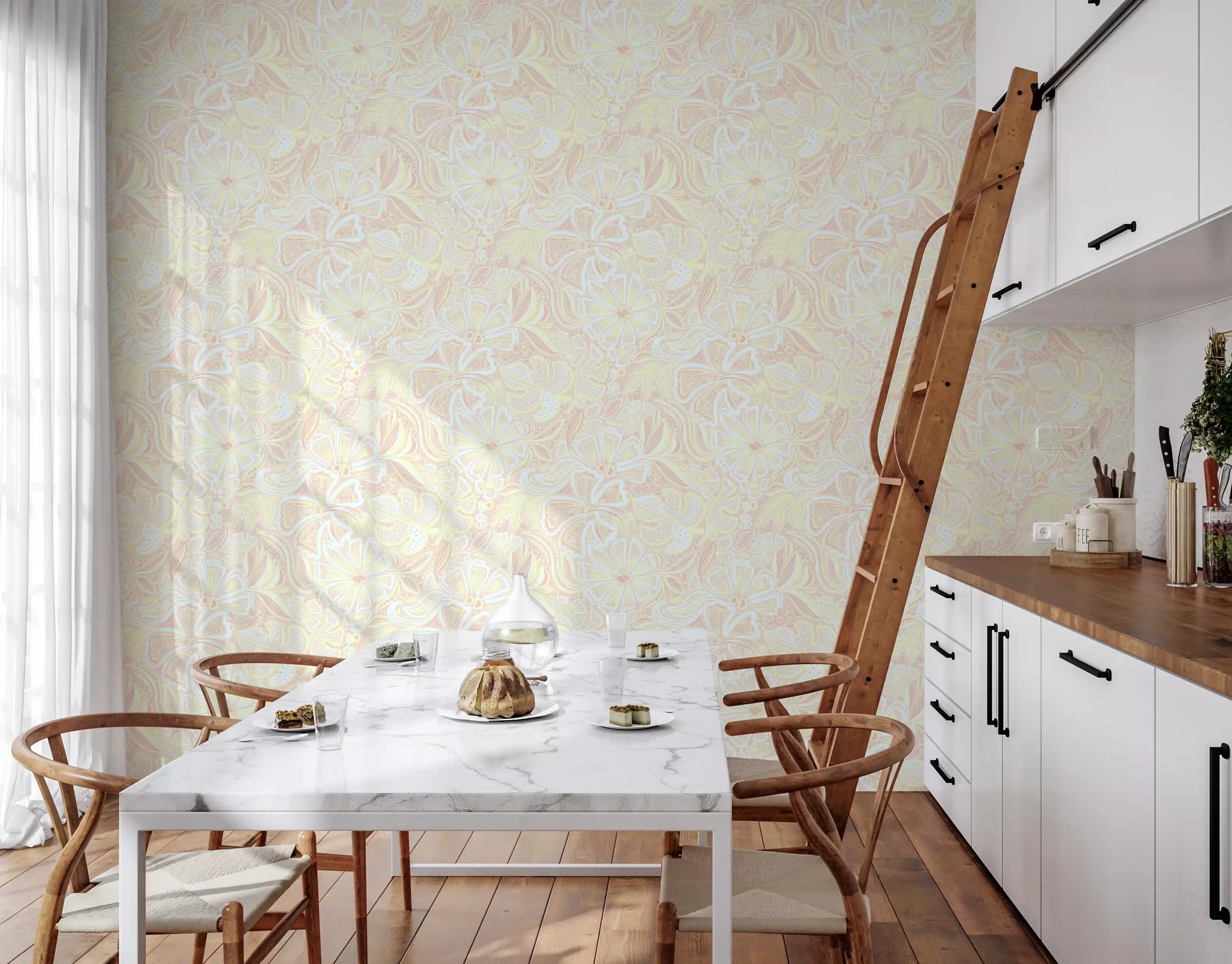 kitchen area Pastel Swirl Wallpaper showing floral outlines and light pattern flow