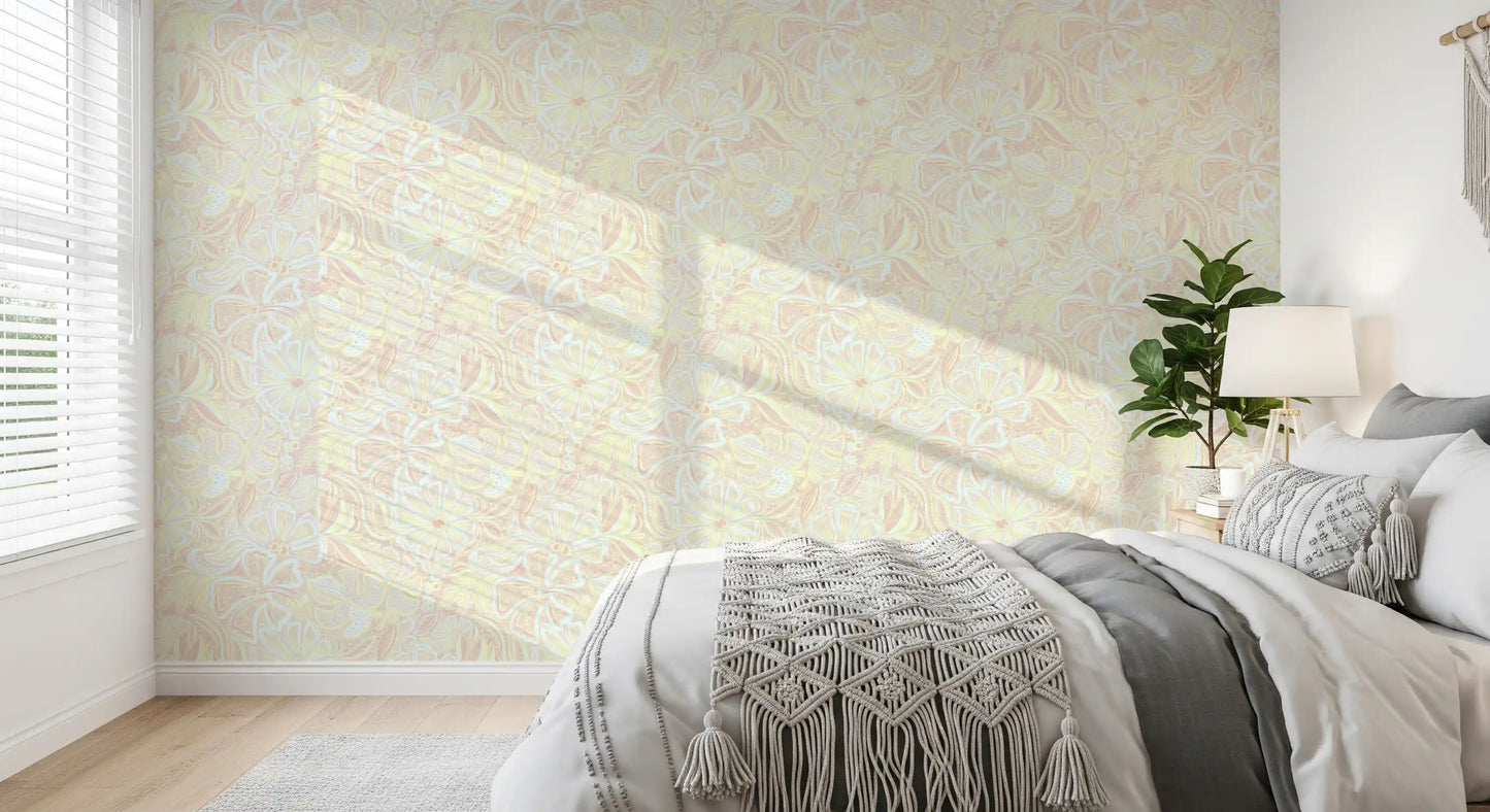 Whimsical Pastel Bloom Wallpaper with floral swirls on a pale patterned ground