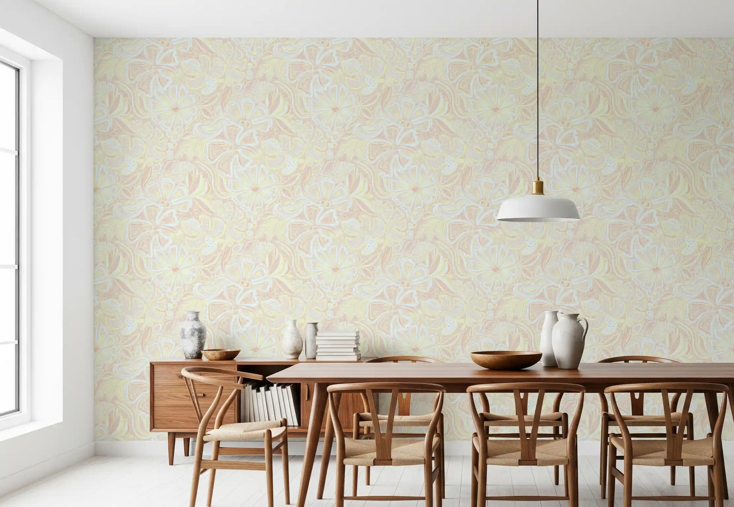 Dining room Bloom Swirl Wallpaper with whimsical pastel flowers and soft shapes