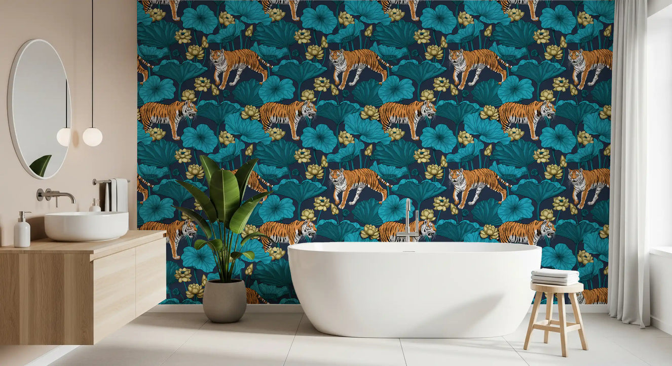 Bathroom Tigers in the Lotus Pond Wallpaper in blue and yellow tones