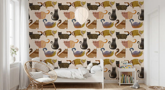 Bedroom cat wallpaper showing Curly Tail Club cats with striped bodies