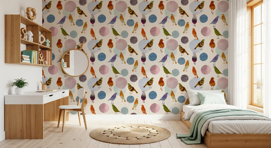 Kids room Muted Watercolor Birds Wallpaper with pastel blobs and bird shapes