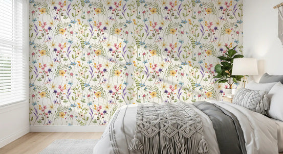 Bedroom Meadow Wallpaper with wildflower petals on a warm white base