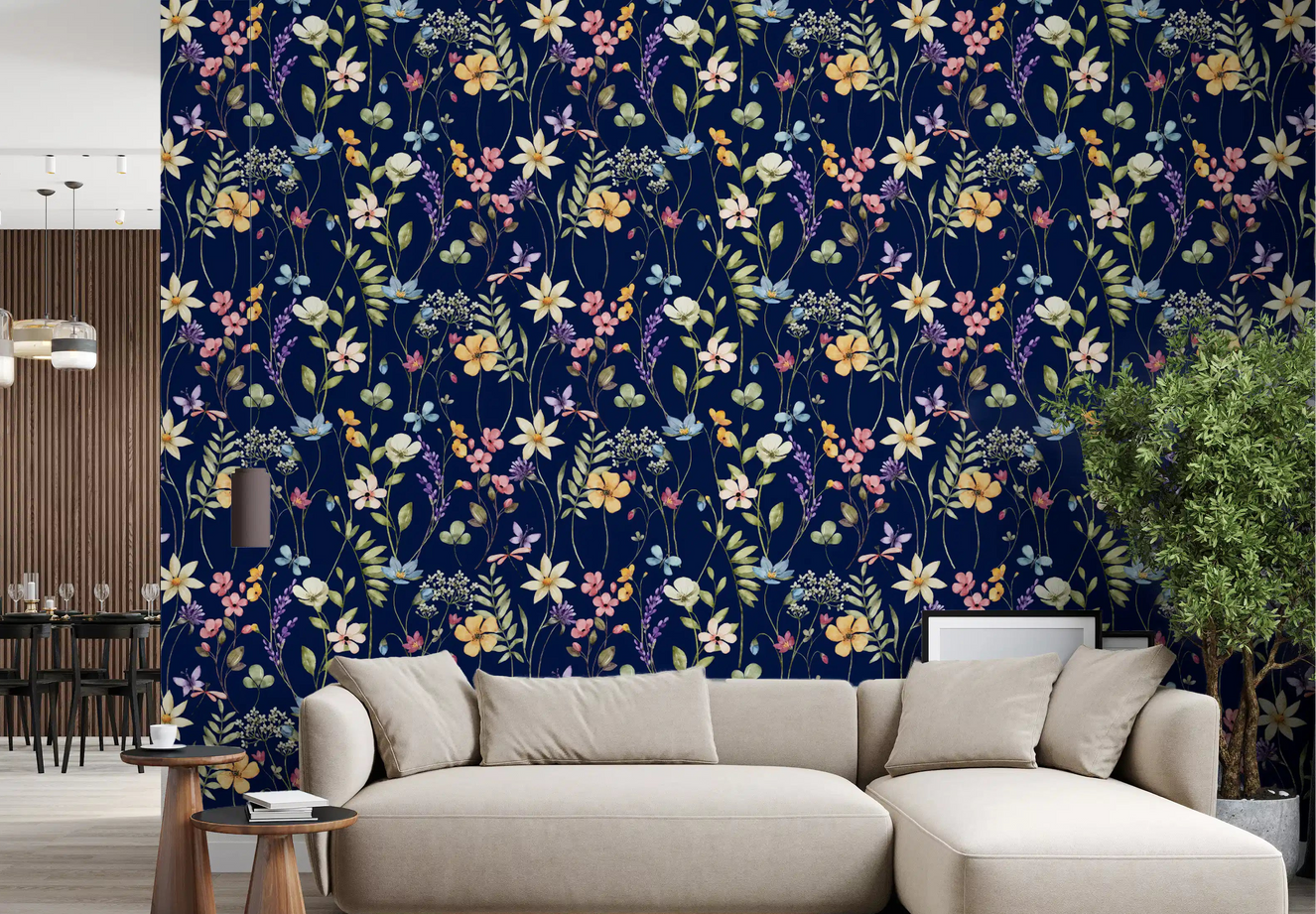 Living room Enchanted Midnight Garden Wallpaper with pastel floral stems
