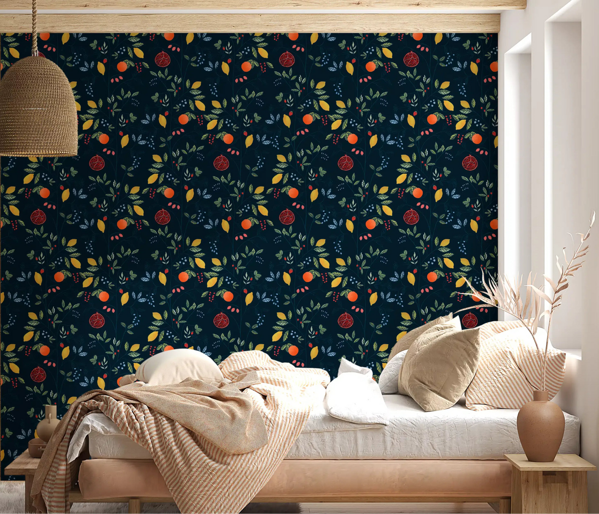Bedroom Dark Blue Wallpaper with Vibrant Harvest citrus and berry detail