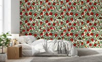 A Bedroom gains a botanical look with this pomegranate and moth wallpaper.