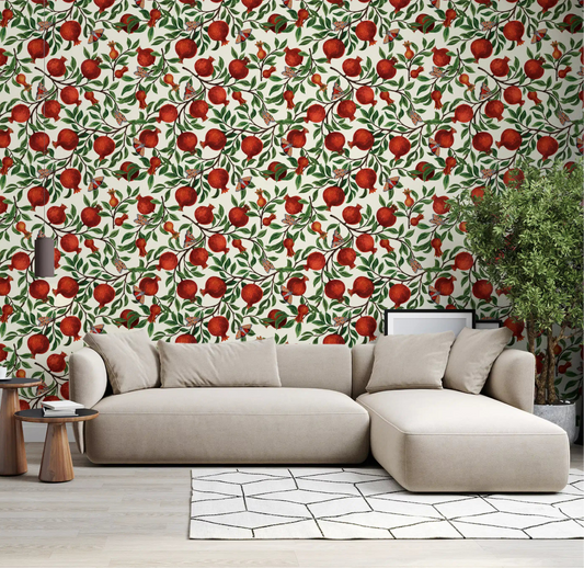 Pomegranate Butterfly Garden Wallpaper builds a fruit-garden setting in a living room.