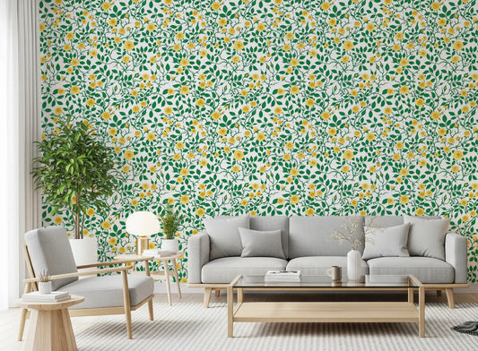 Golden Bloom Rose Trellis Wallpaper opens a fresh garden look in a living room.