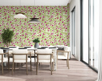 Climbing magenta heads run along a Dining area across the Rose Trellis wallpaper.