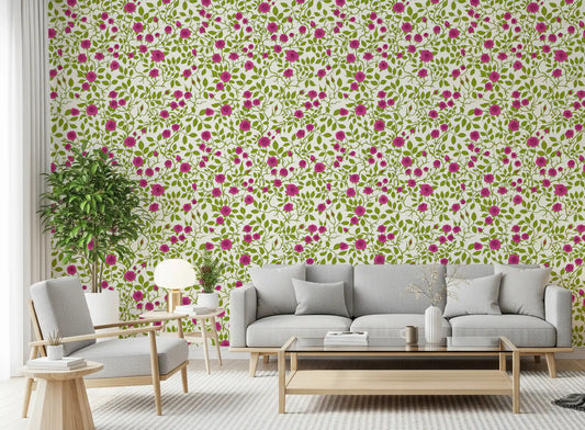 Pink florals and green vines wrap a living room on this Blooming Rose Trellis wallpaper.