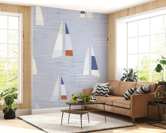 Smooth navy and white sails roll across the living room on Mid Century wall mural.