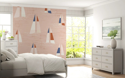 Mid Century Sailboats Warm Peach Coastal Wall Mural