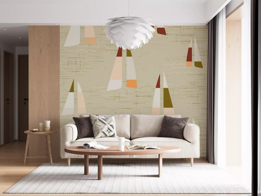 Mid Century Sailboats Coastal Cream Wall Mural