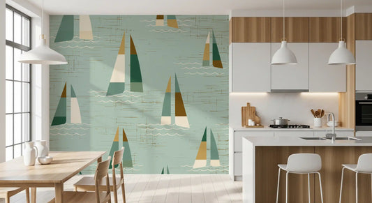 Mid Century Sailboats Coastal Sage Wall Mural