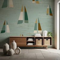 Sage greens and ochre sails sit easy across a coastal-themed Hallway backdrops wall mural.