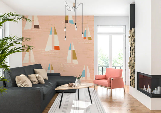 Mid Century Sailboats Coastal Peach Wall Mural