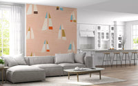 Sails and hulls scatter through the Mid Century Sailboats wall mural in tan tones.