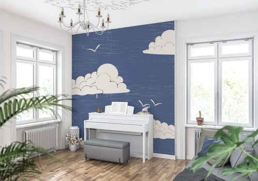 Mid Century Cloud Sky Dusty Blue Wall Mural