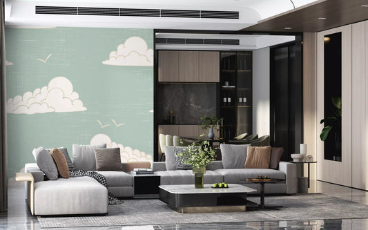 Mid Century Cloud Sky Light Sage Wall Mural