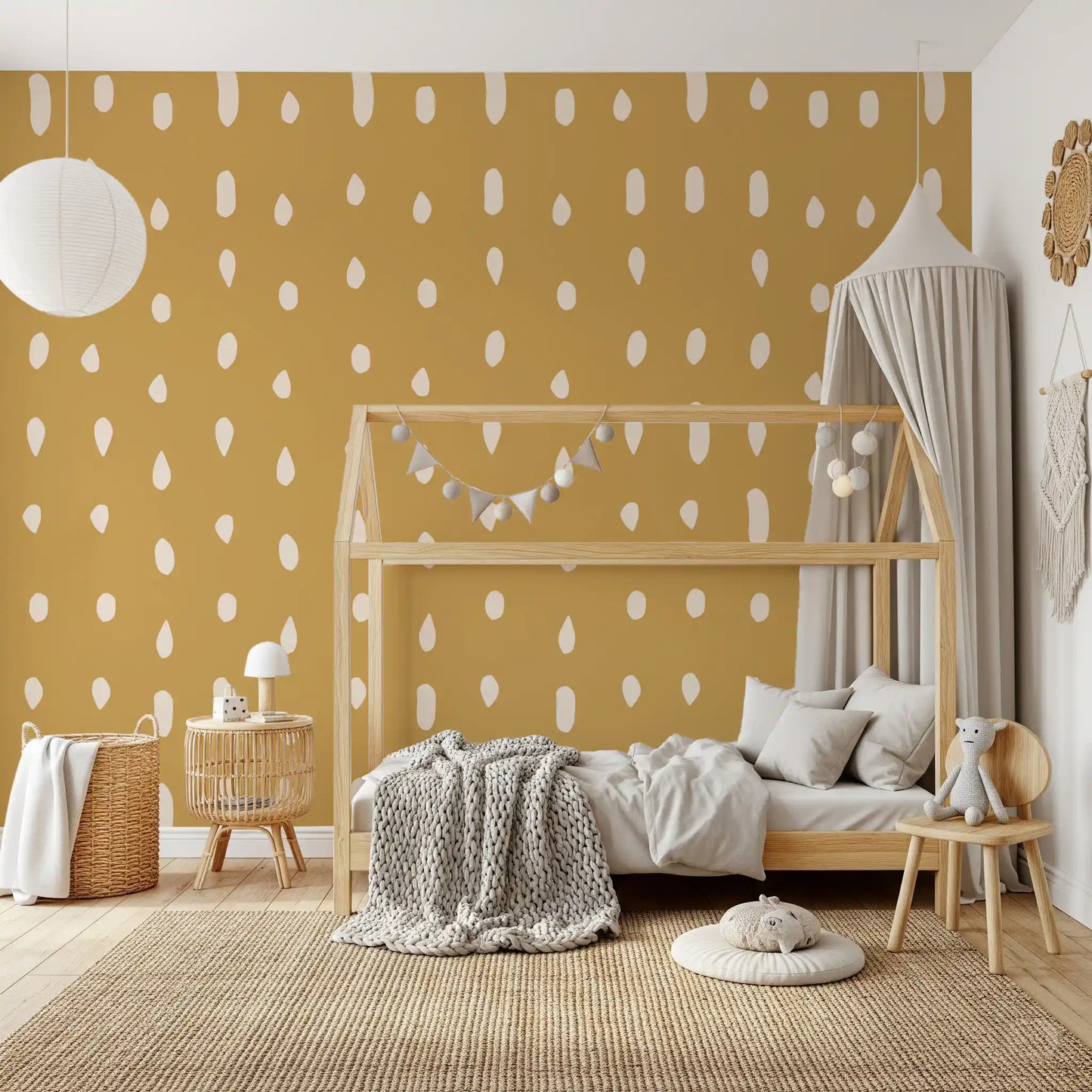 Earthy retro mood spreads over the wall mural in mustard and cream contrast.