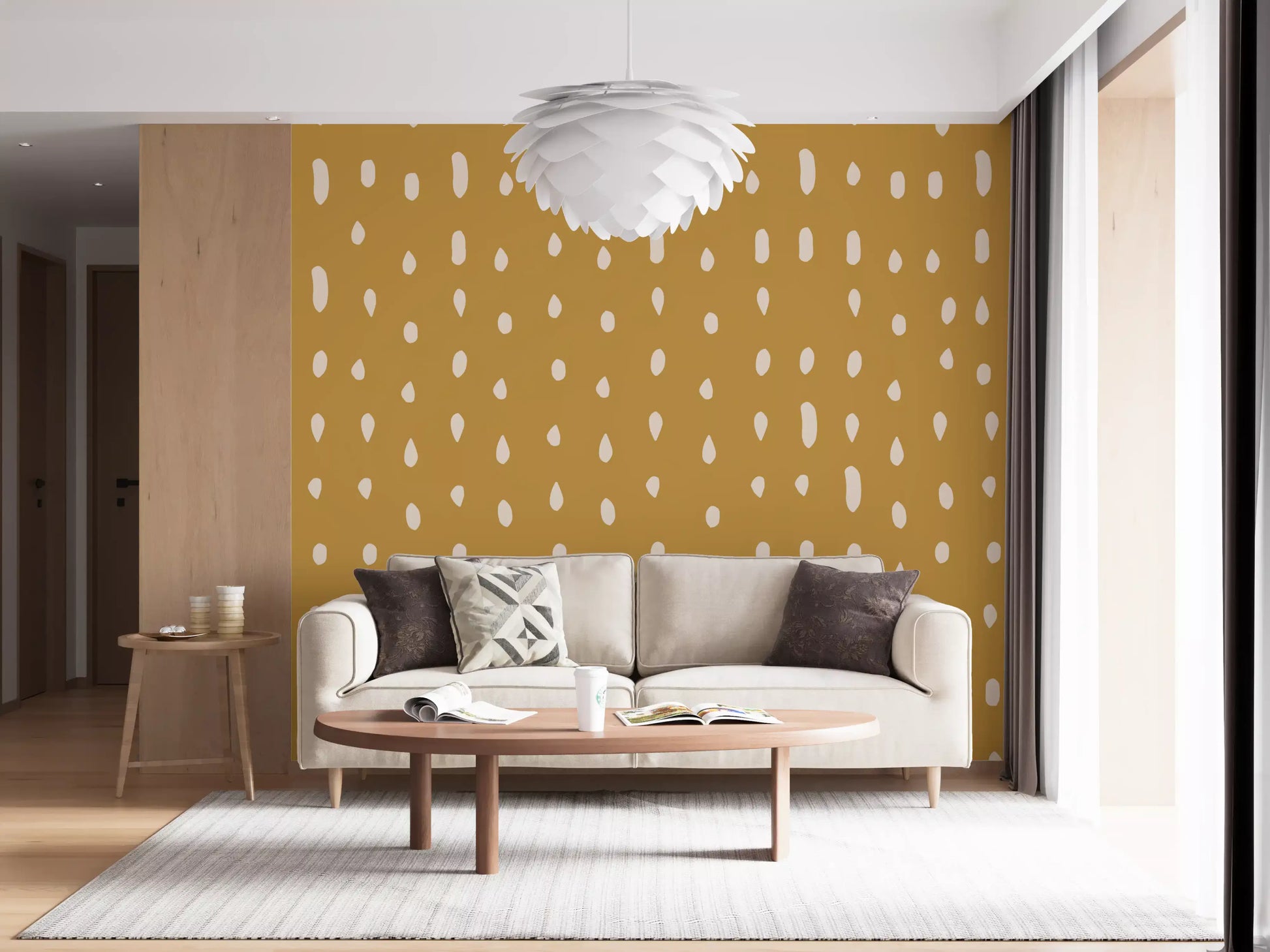 Falling marks line a hallway on this Mid Century Seed Dots wall mural.
