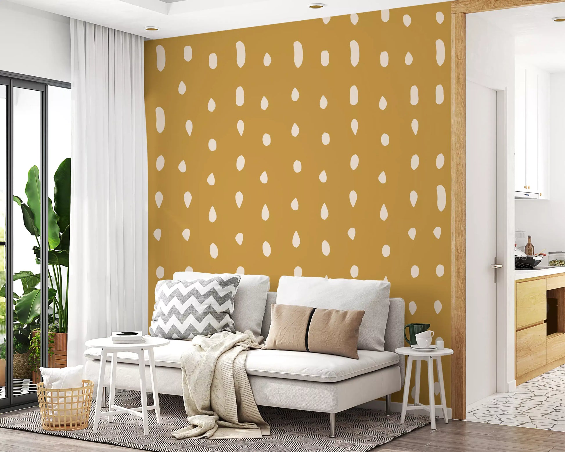 A relaxed retro feel suits a lounge with the Seed Dots wall mural.