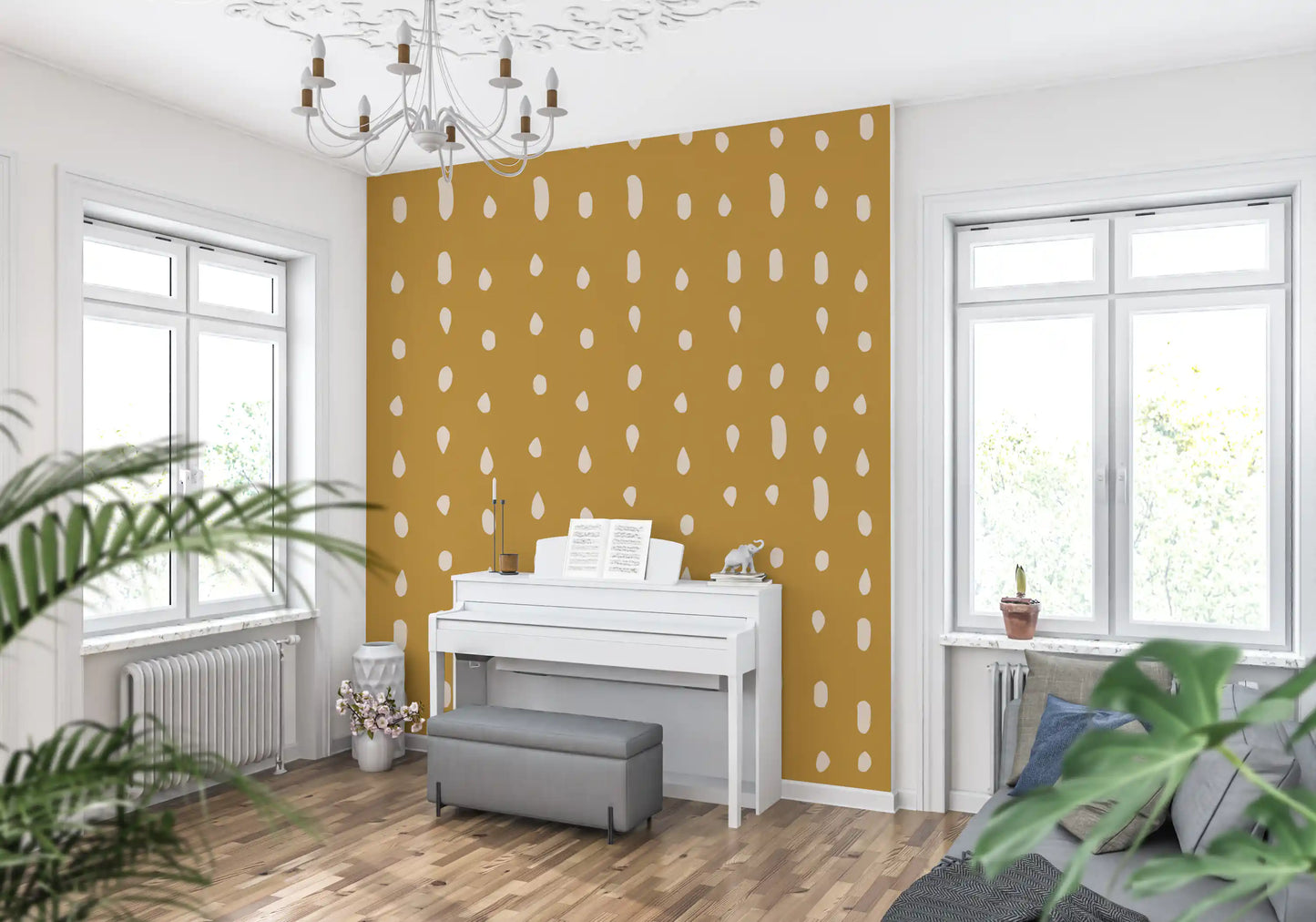At eye level, the Mid Century Seed Dots wall mural draws cream marks across a Liviing corner.