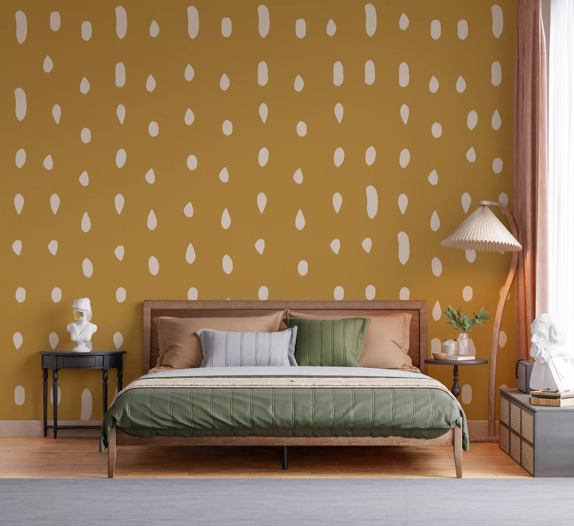 Mid Century Seed Dots wall mural lays mellow ochre across a Bedroom