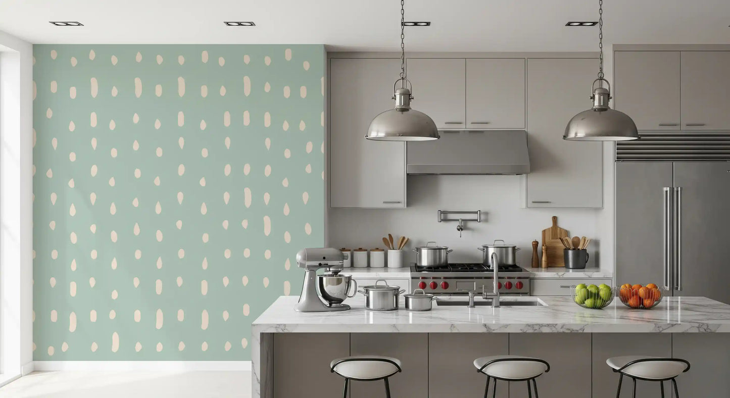 Pale sage and cream tones extend along the Mid Century Seed Dots wall mural