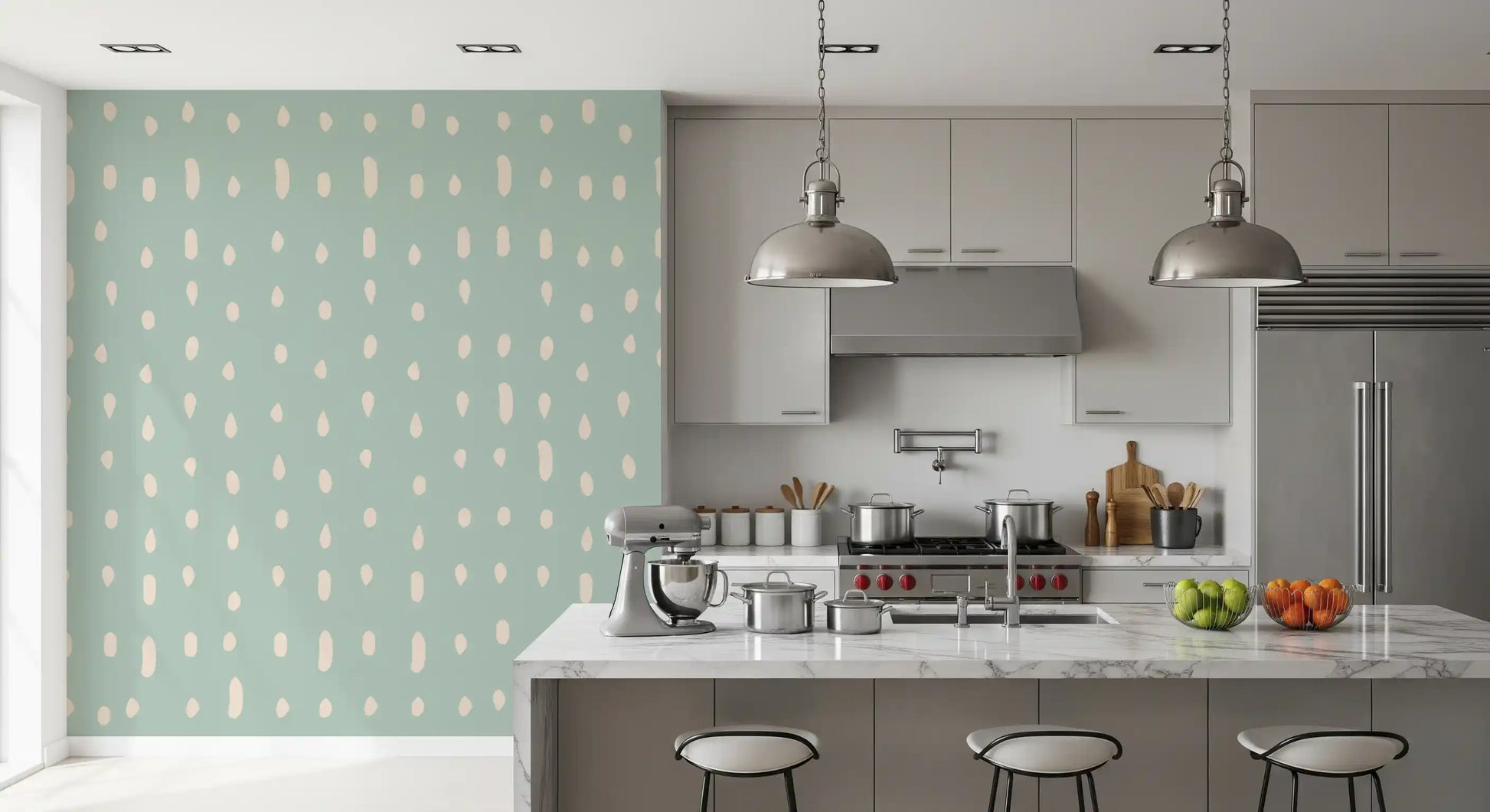 Pale sage and cream tones extend along the Mid Century Seed Dots wall mural