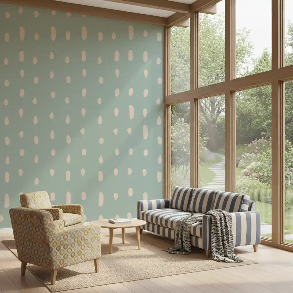Muted sage tones host a Seed Dots wall mural with cream marks throughout