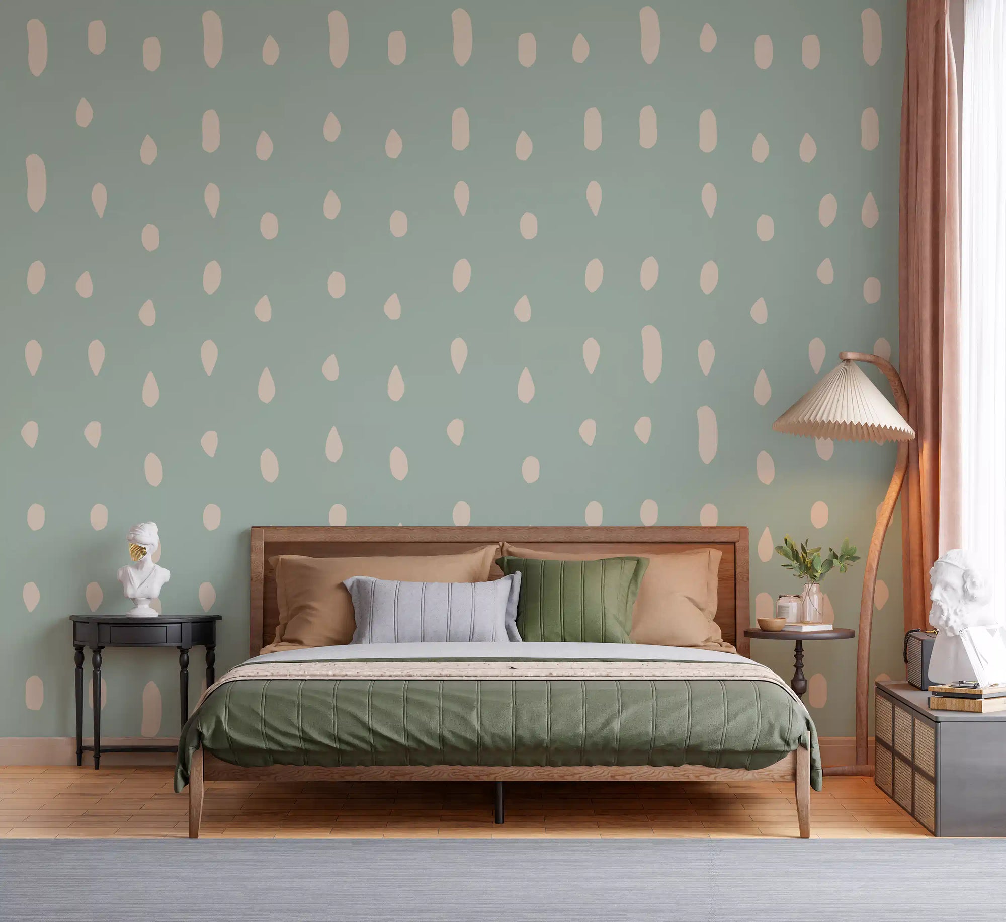 A laid-back bedroom showing the Mid Century Seed Dots wall mural behind