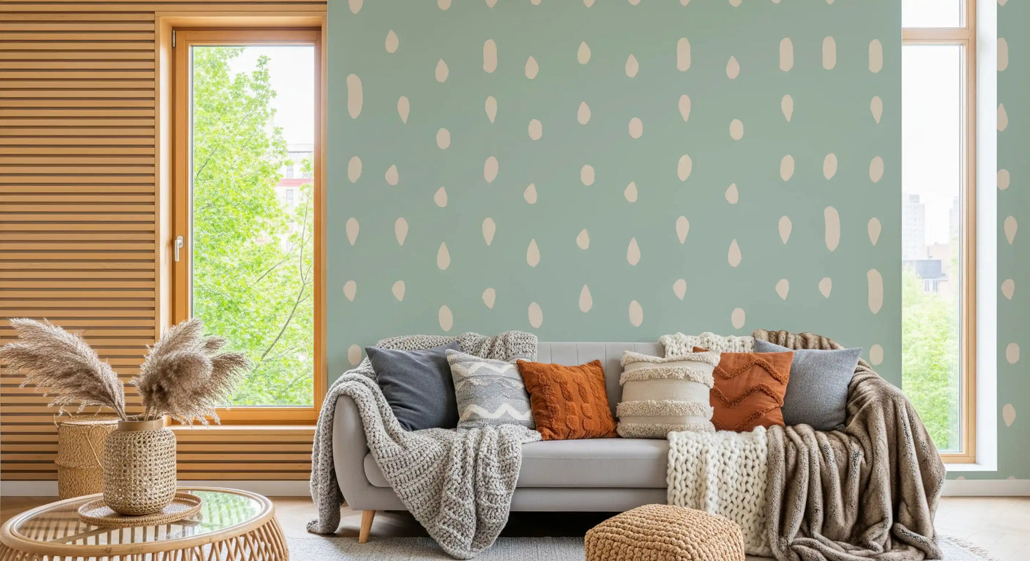 Light sage Mid Century Seed Dots wall mural along a Living room