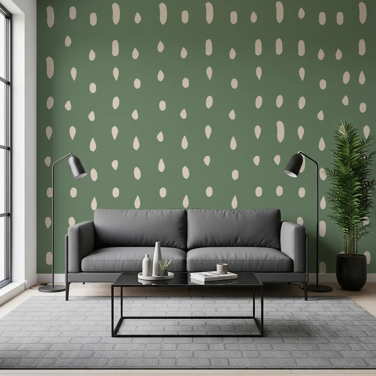 Sage green Mid Century Seed Dots wall mural sets a calm tone in the living room.